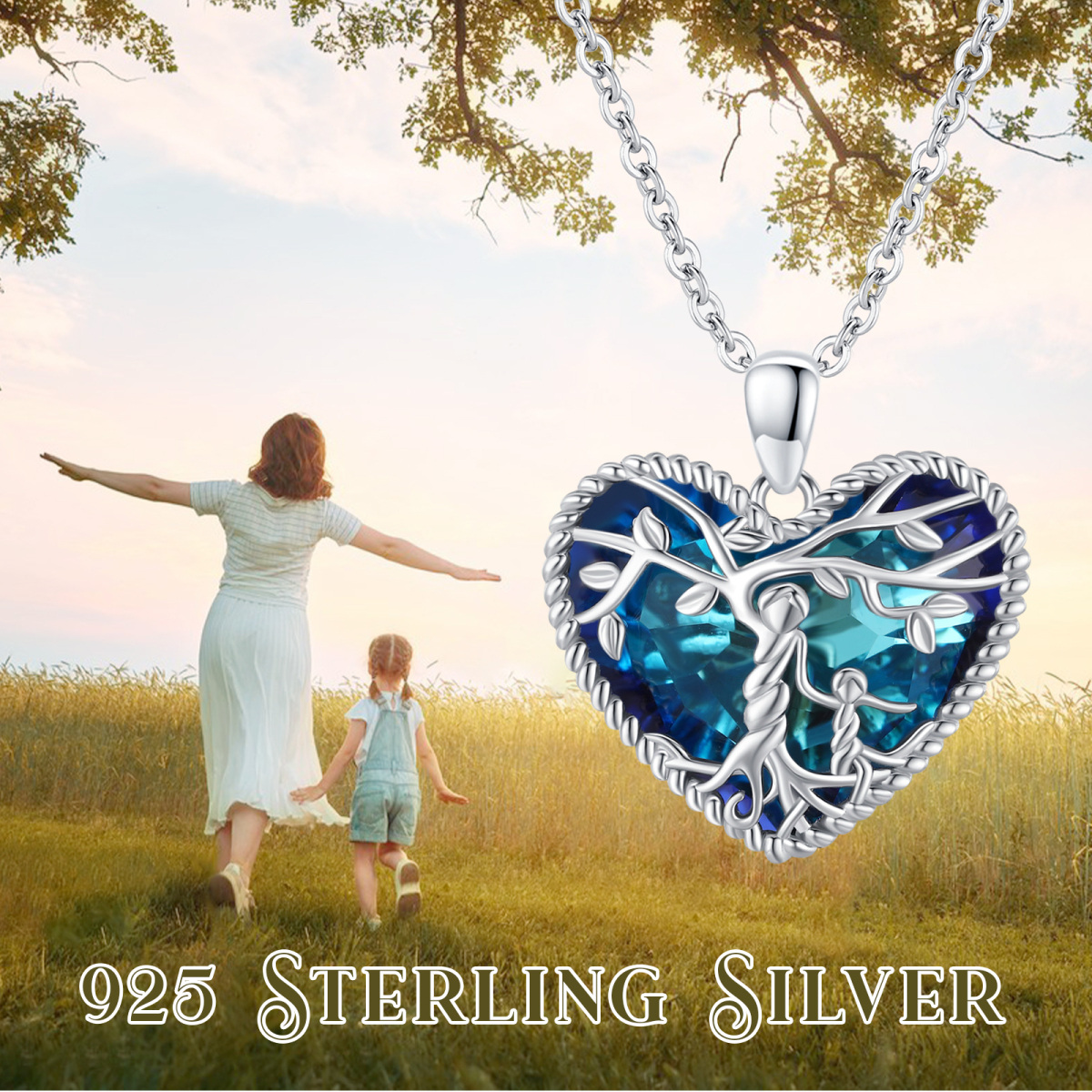 Sterling Silver Crystal Tree Of Life Heart Pendant Necklace-5