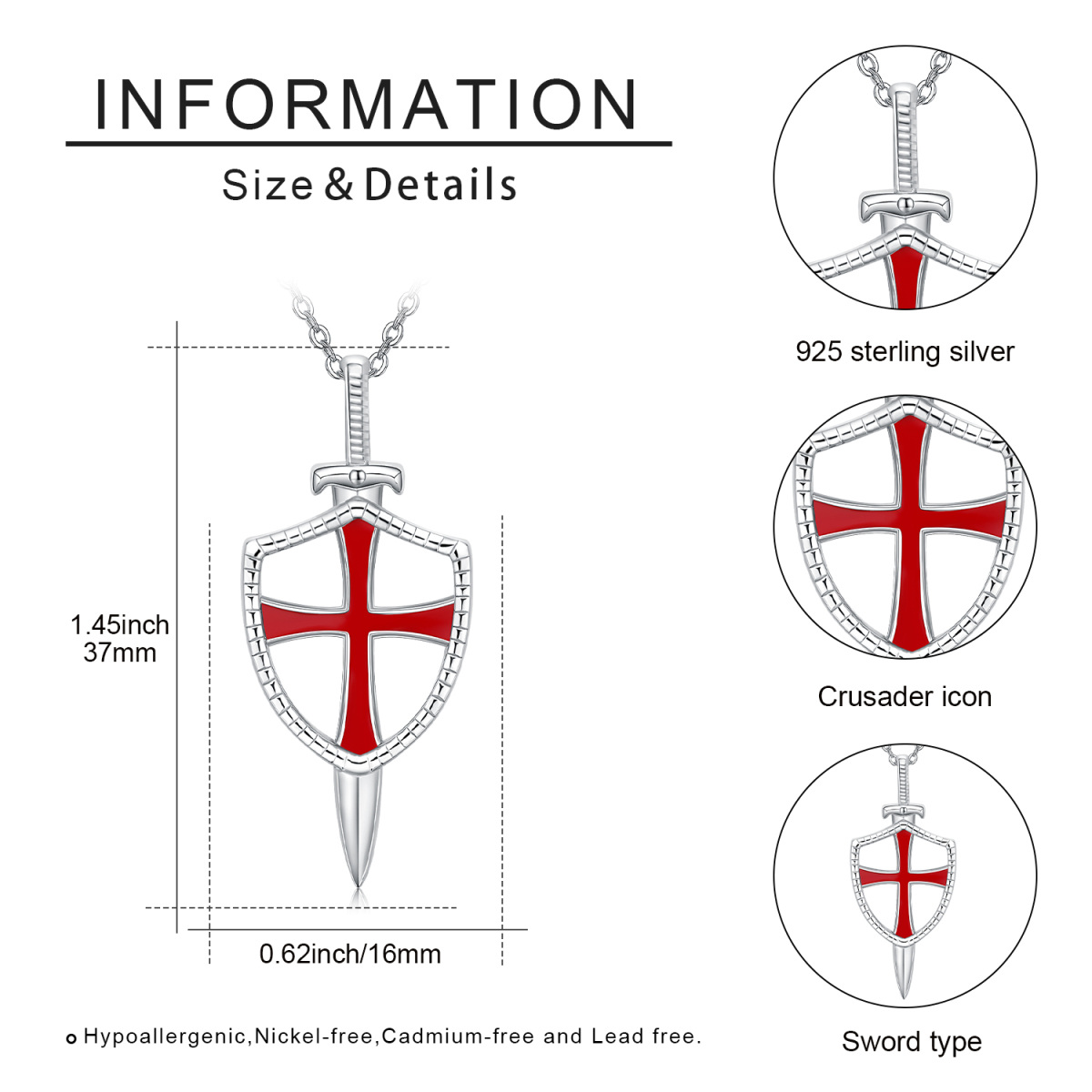 Sterling Silver Shield & Sword Pendant Necklace-7