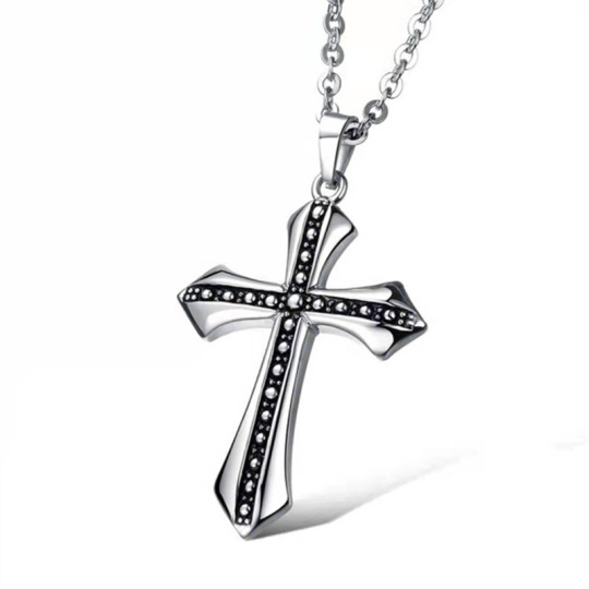 Collier avec pendentif croix en acier inoxydable plaqué or blanc pour homme