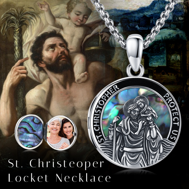 Sterling Silver Abalone Shellfish St. Christopher & Photo Customization Personalized Photo Locket Necklace with Engraved Word-5