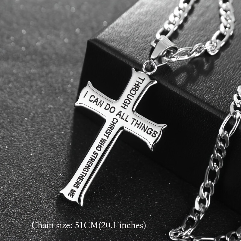 Sterling Silver with Black Rhodium Color Cross Pendant Necklace with Engraved Word for Men-3