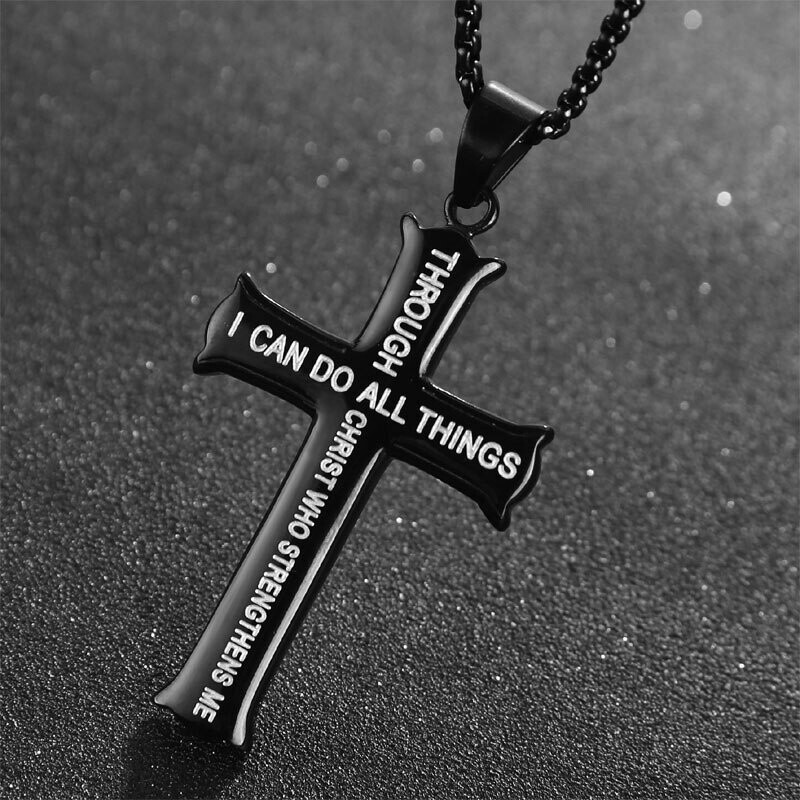 Sterling Silver with Black Rhodium Color Cross Pendant Necklace with Engraved Word for Men-1