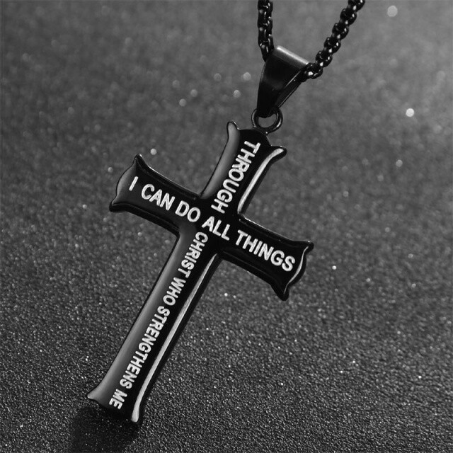 Sterling Silver with Black Rhodium Color Cross Pendant Necklace with Engraved Word for Men-0