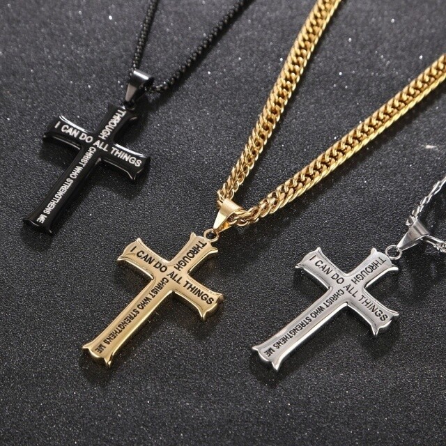 Sterling Silver with Black Rhodium Color Cross Pendant Necklace with Engraved Word for Men-1