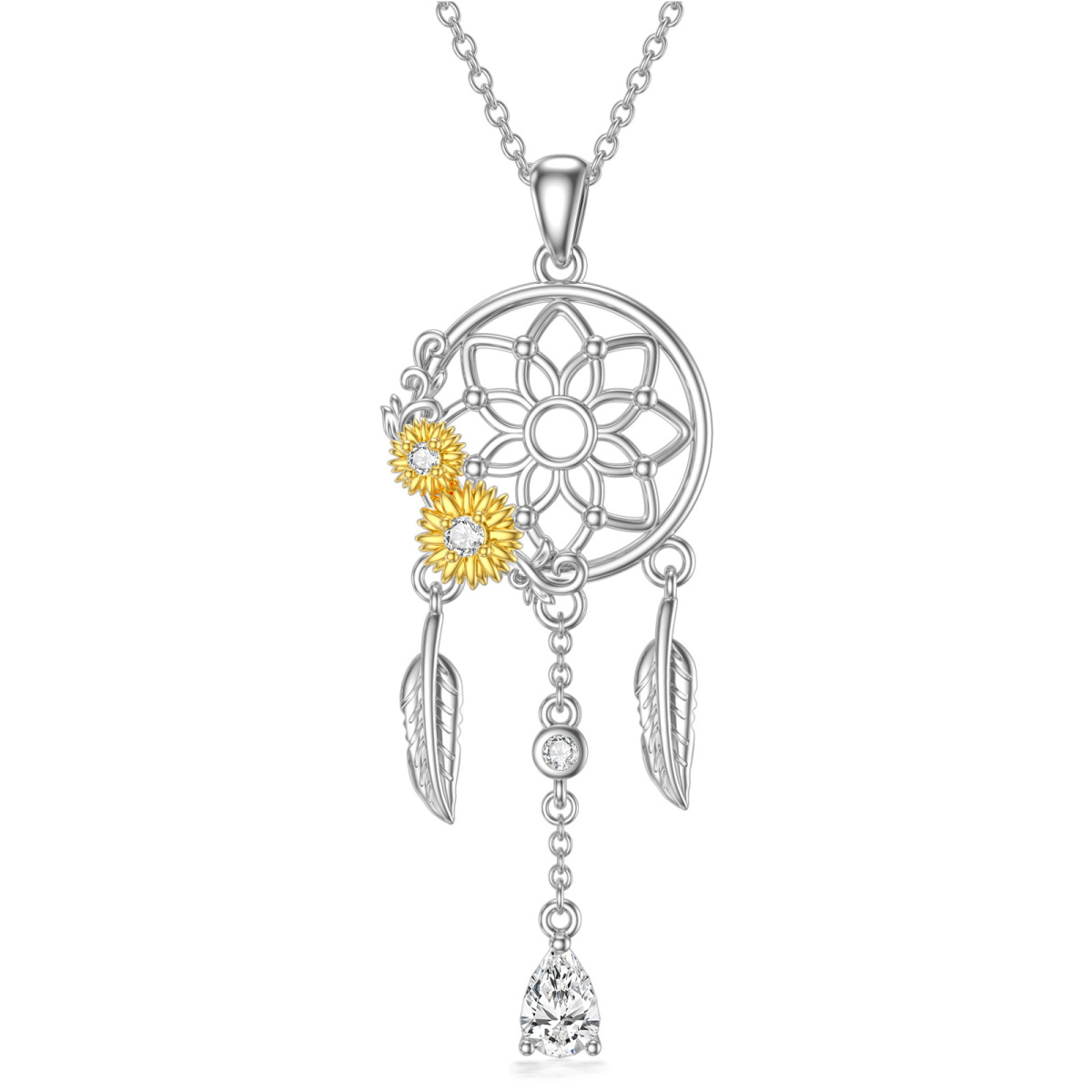 Sterling Silver Two-tone Cubic Zirconia Sunflower & Dream Catcher Pendant Necklace-1