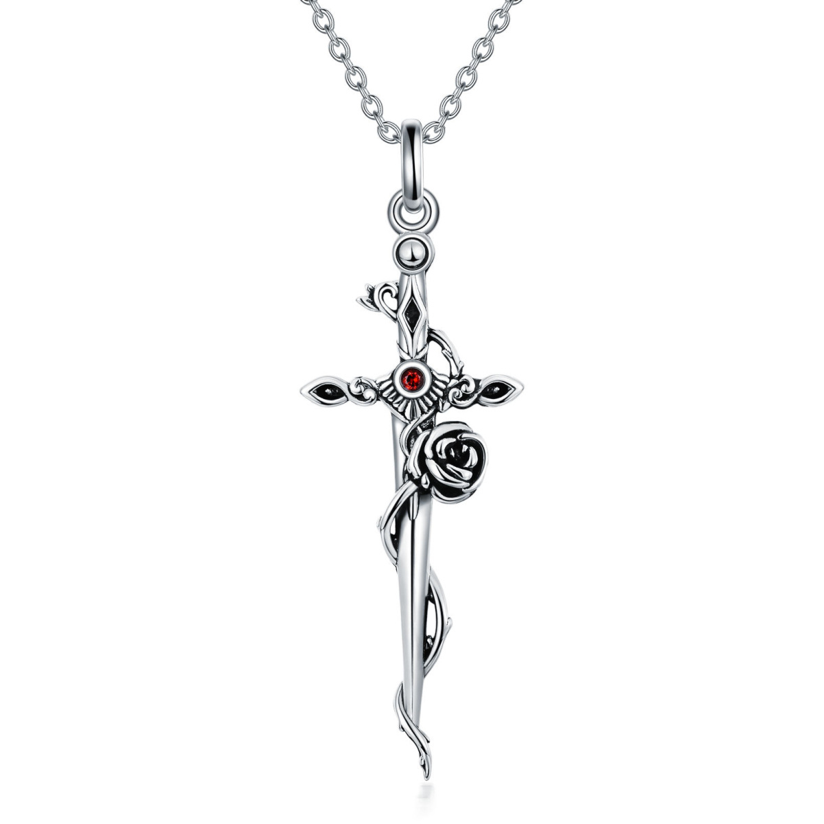 Sterling Silver Circular Shaped Cubic Zirconia Rose & Cross & Sword Pendant Necklace-1