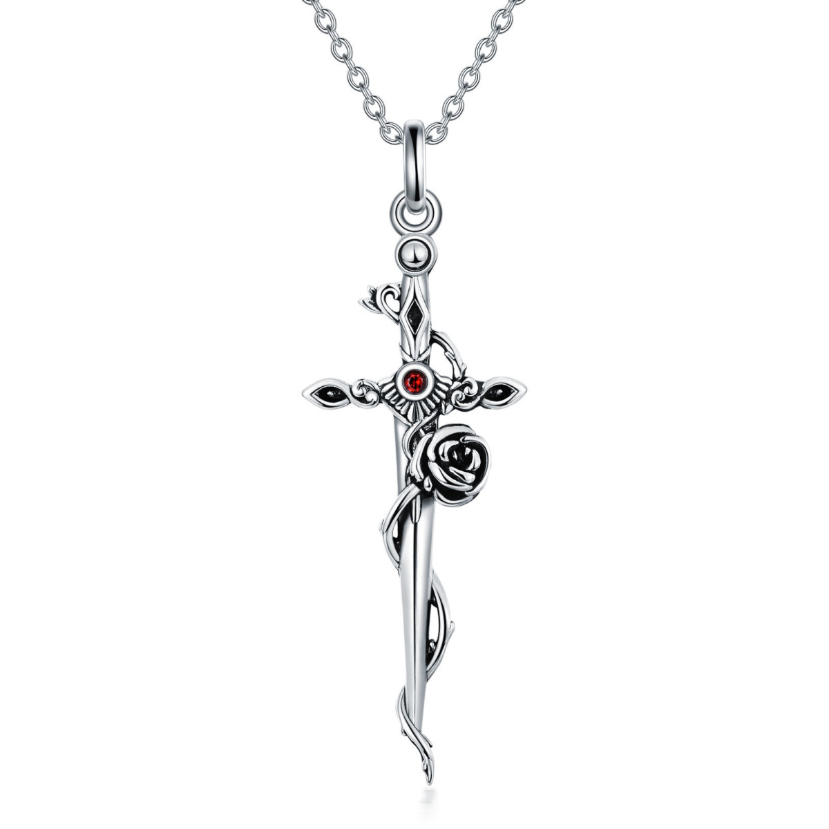 Collier en argent sterling avec pendentif rose, croix et épée en zircon cubique de forme c-1