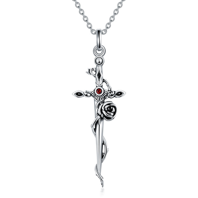 Sterling Silver Circular Shaped Cubic Zirconia Rose & Cross & Sword Pendant Necklace-0