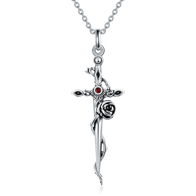 Sterling Silver Circular Shaped Cubic Zirconia Rose & Cross & Sword Pendant Necklace-3