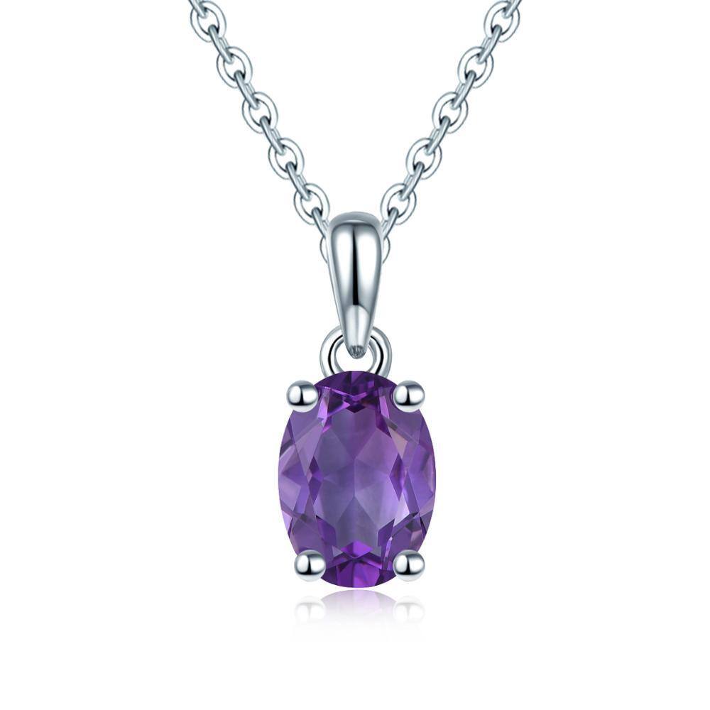 14K White Gold Oval Amethyst Round Pendant Necklace-1