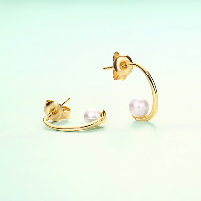 14K Gold Round Pearl Stud Earrings-2