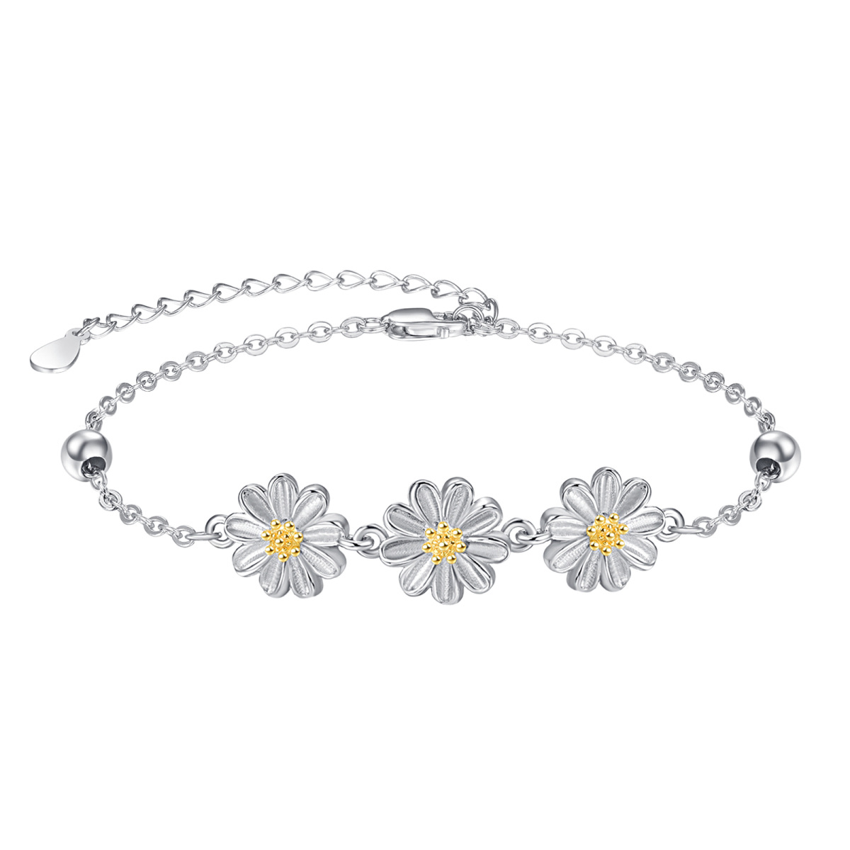 Sterling Silver Two-tone Cubic Zirconia Daisy Pendant Bracelet-1