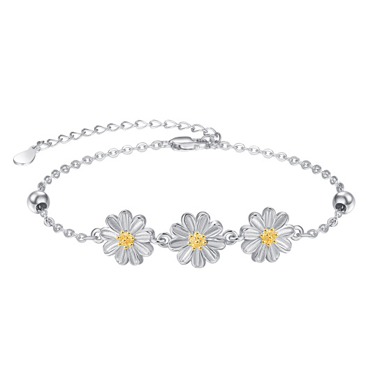 Sterling Silver Two-tone Cubic Zirconia Daisy Pendant Bracelet