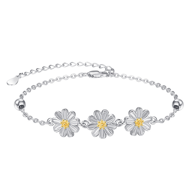 Sterling Silver Two-tone Cubic Zirconia Daisy Pendant Bracelet-0