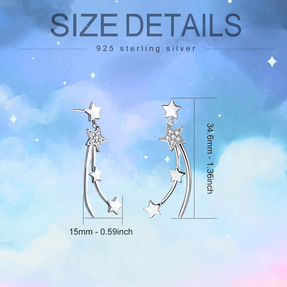 Sterling Silver Circular Shaped Cubic Zirconia Star Drop Earrings-3