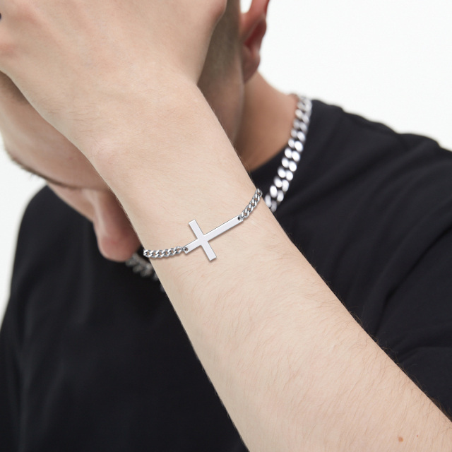 Sterling Silver Cross Curb Link Chain Bracelet-1