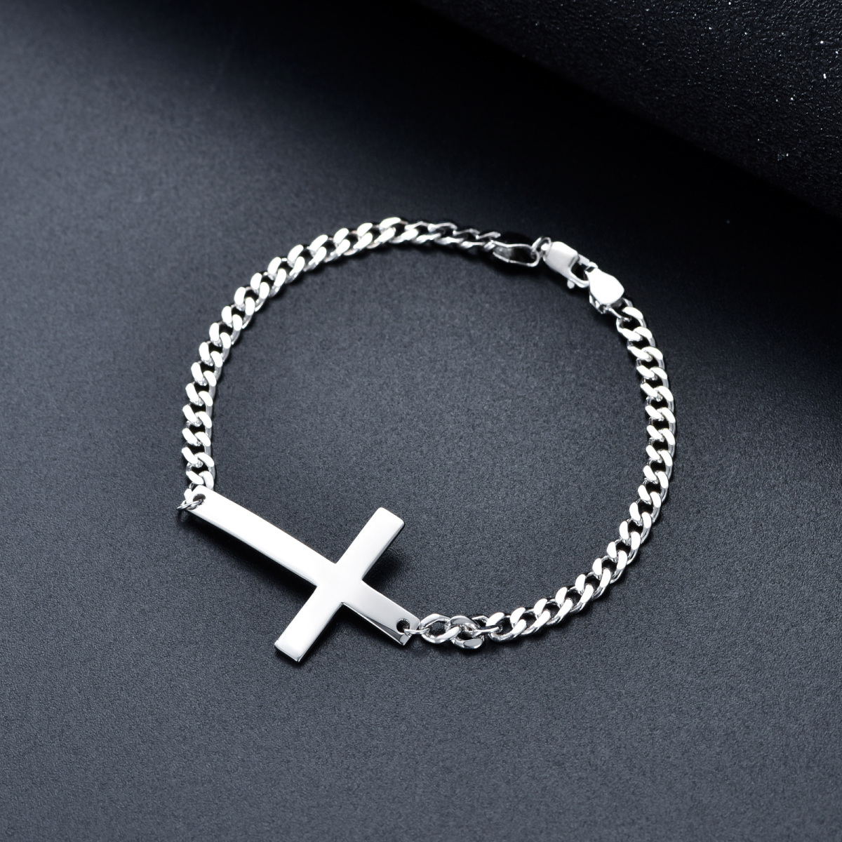 Sterling Silver Cross Curb Link Chain Bracelet-5