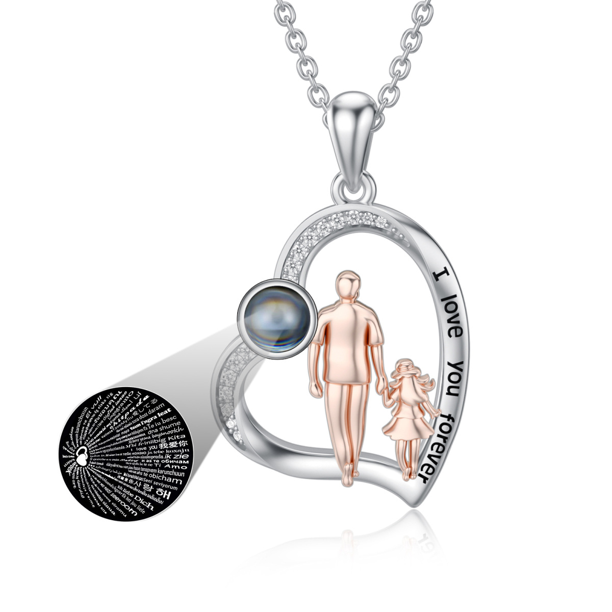 Sterling Silver Two-tone Projection Stone Father & Daughter & Heart Pendant Necklace with Engraved Word-1