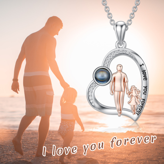 Sterling Silver Two-tone Projection Stone Father & Daughter & Heart Pendant Necklace with Engraved Word-2