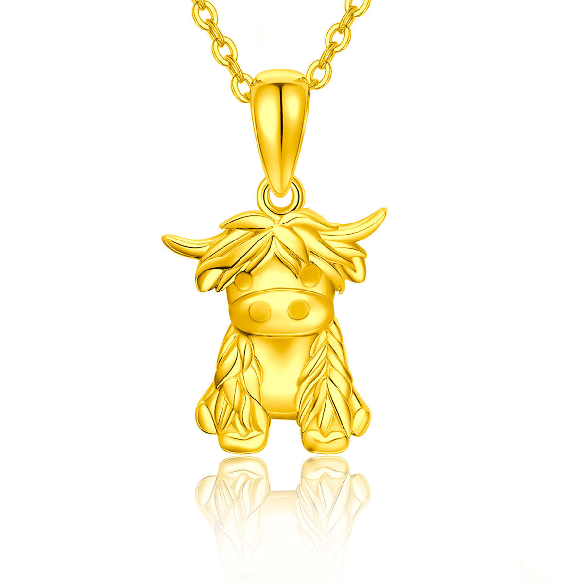 14K Gold Highland Cow Pendant Necklace with Cable Chain-1