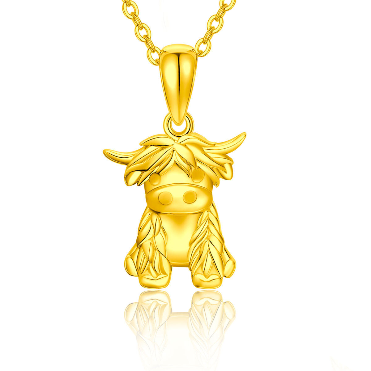 Collier à pendentif vache Highland en or 14K avec chaîne en câble-1