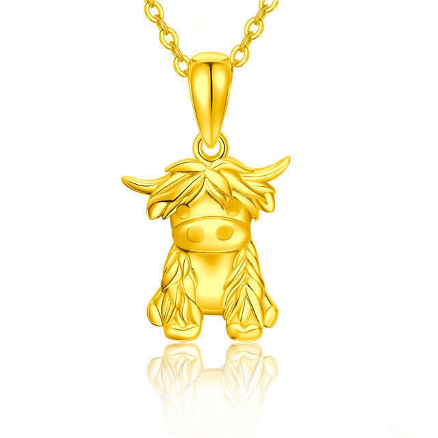 14K Gold Highland Cow Pendant Necklace with Cable Chain-0