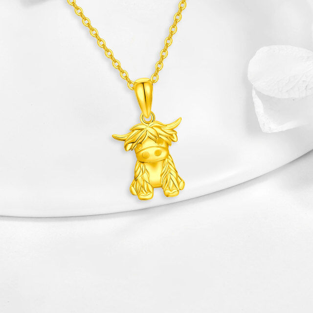 14K Gold Highland Cow Pendant Necklace with Cable Chain-2