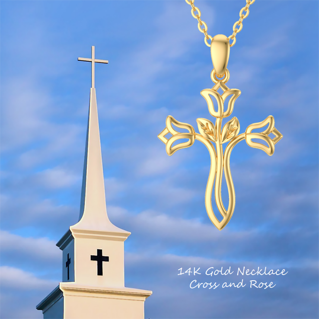 14K Gold Rose & Cross Pendant Necklace-4