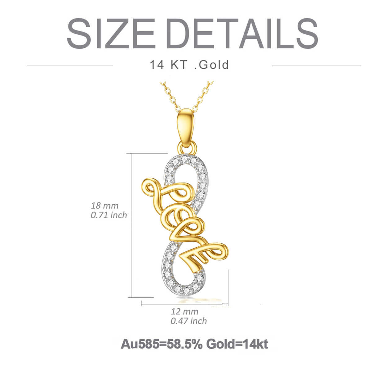 Halskette mit Anhänger „Unendlich“-Symbol aus 14 Karat Silber und Gold mit Zirkonia und eingraviertem Wort-6