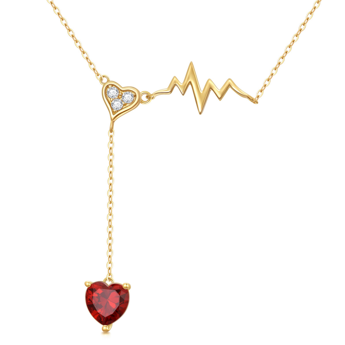 14K Gold Heart Shaped Cubic Zirconia & Garnet Electrocardiogram & Heart Pendant Necklace-1