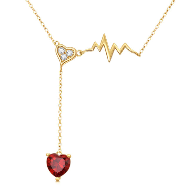 14K Gold Heart Shaped Cubic Zirconia & Garnet Electrocardiogram & Heart Pendant Necklace-0