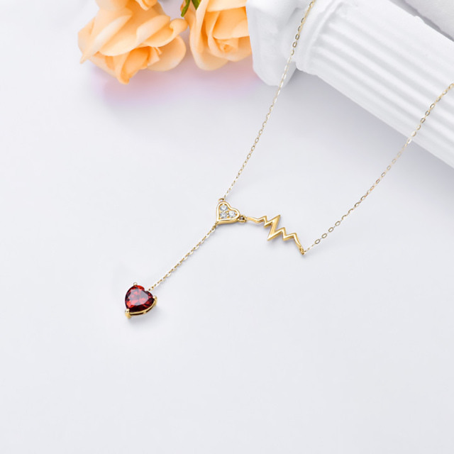 14K Gold Heart Shaped Cubic Zirconia & Garnet Electrocardiogram & Heart Pendant Necklace-3