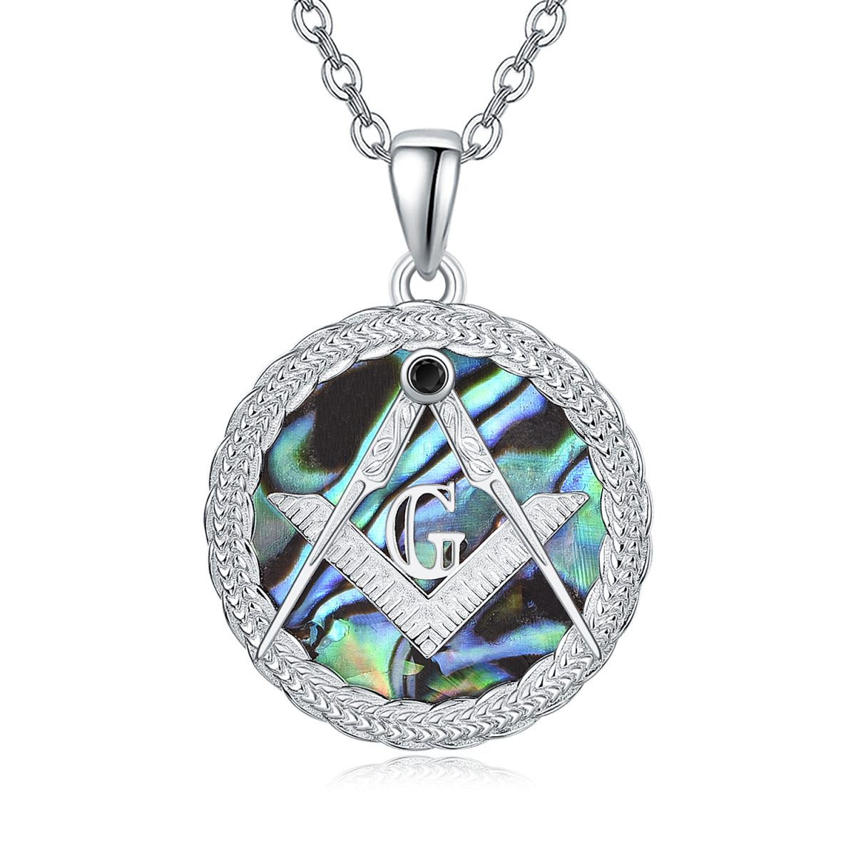 Sterling Silver Circular Shaped Abalone Shellfish Masonic Symbol Pendant Necklace-1