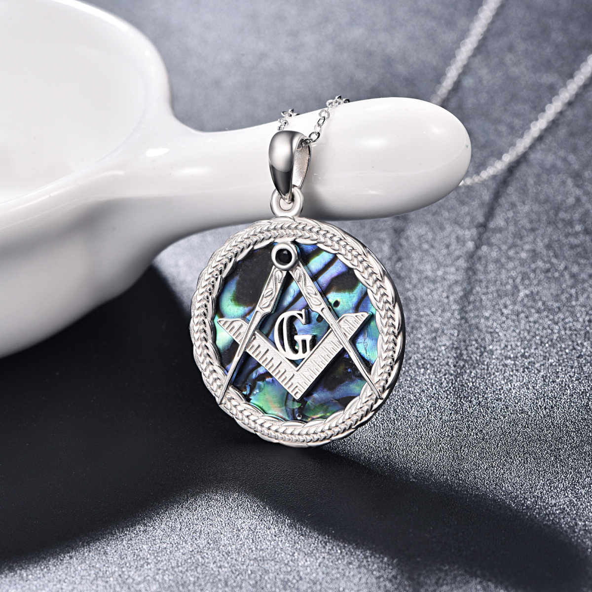 Sterling Silver Circular Shaped Abalone Shellfish Masonic Symbol Pendant Necklace-3