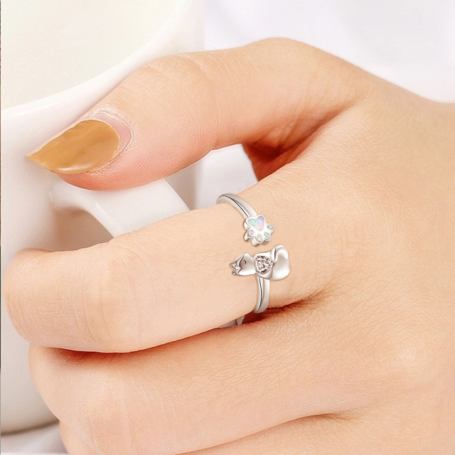 Sterling Silver Cubic Zirconia Cat & Paw Open Ring-3