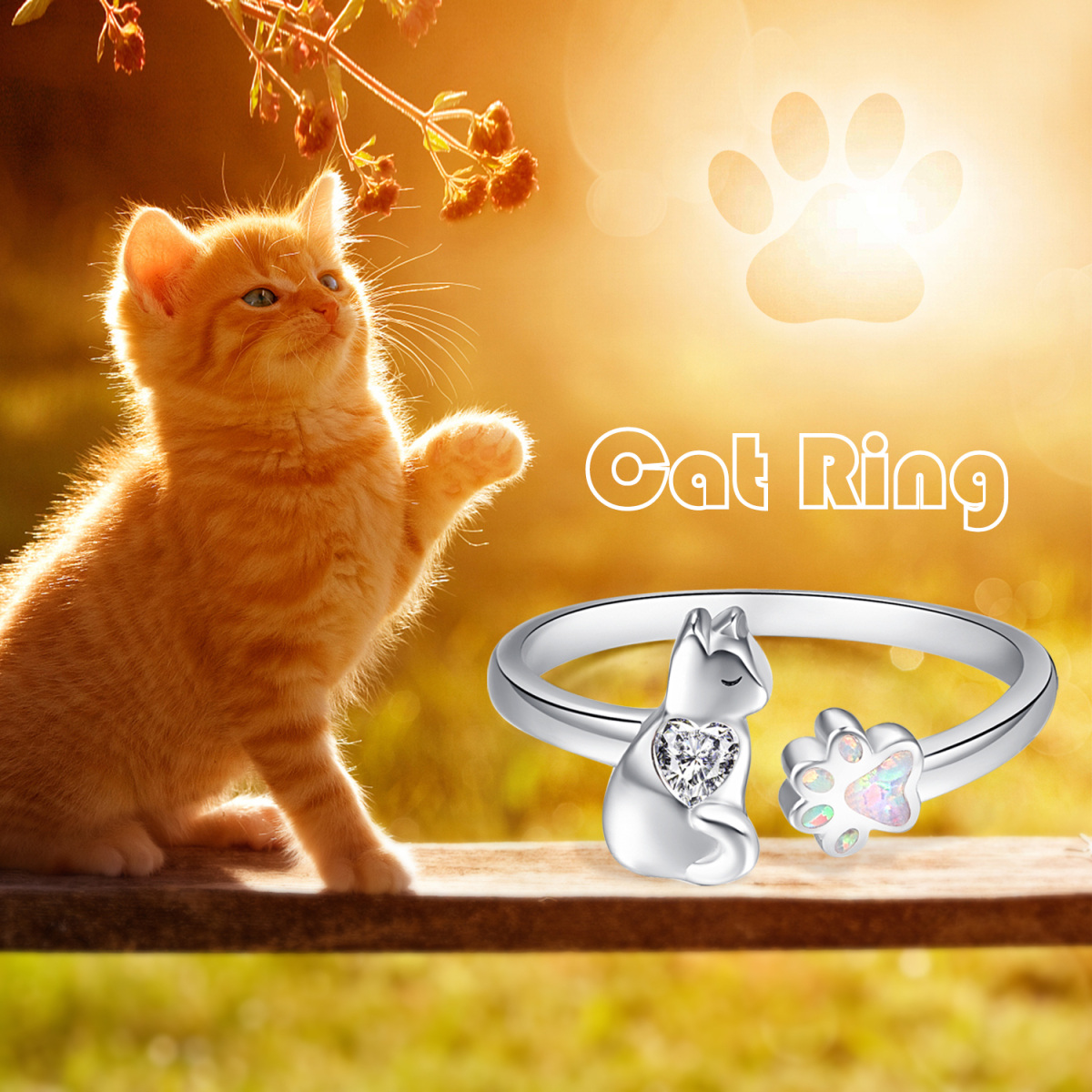 Sterling Silver Cubic Zirconia Cat & Paw Open Ring-6