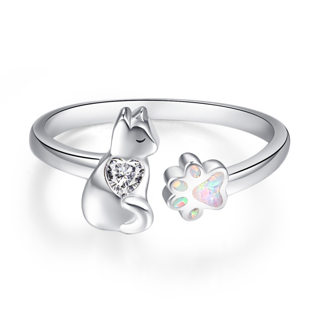 Sterling Silver Cubic Zirconia Cat & Paw Open Ring-0