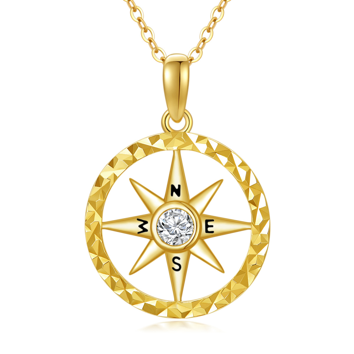 14K Gold Round Zircon Compass Pendant Necklace-1