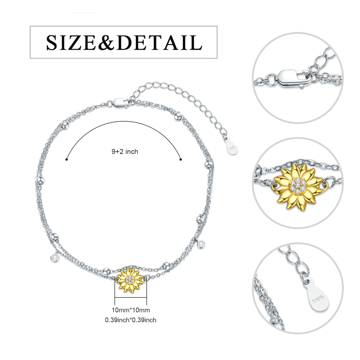 Sterling Silver Two-tone Cubic Zirconia Sunflower Multi-layered Anklet-5