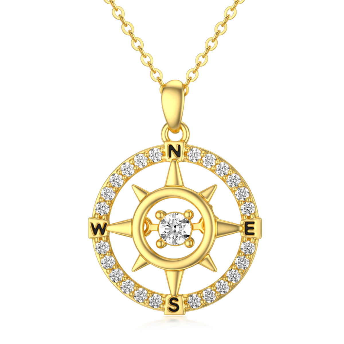 14K Gold Circular Shaped Cubic Zirconia Compass Pendant Necklace with Initial Letter E & with Initial Letter N & with Initial Letter S & with Initial Letter W-1