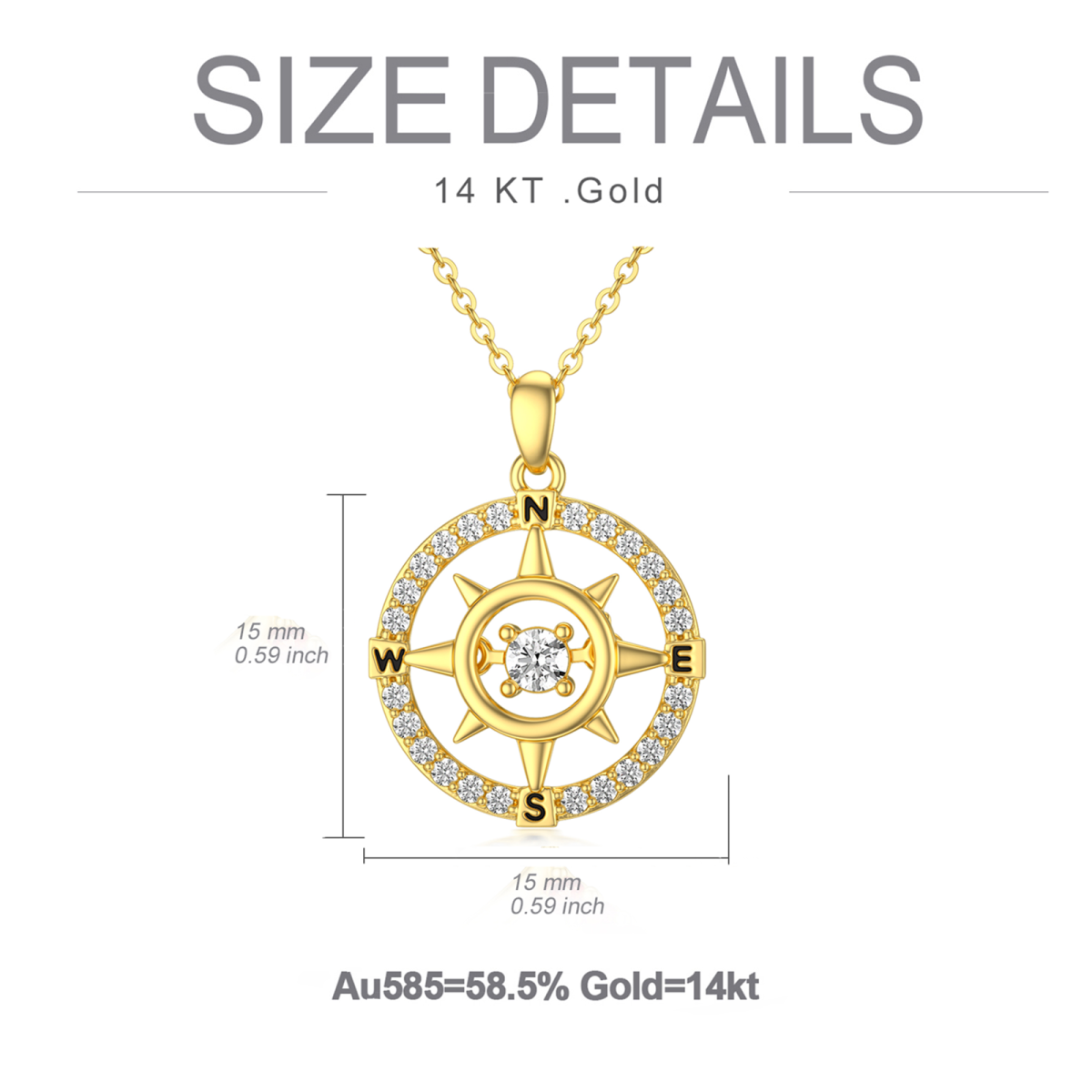 14K Gold Circular Shaped Cubic Zirconia Compass Pendant Necklace with Initial Letter E & with Initial Letter N & with Initial Letter S & with Initial Letter W-6