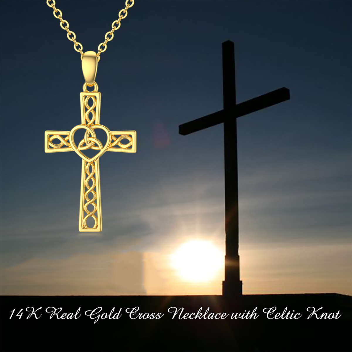14K Gold Celtic Knot & Cross Pendant Necklace-6