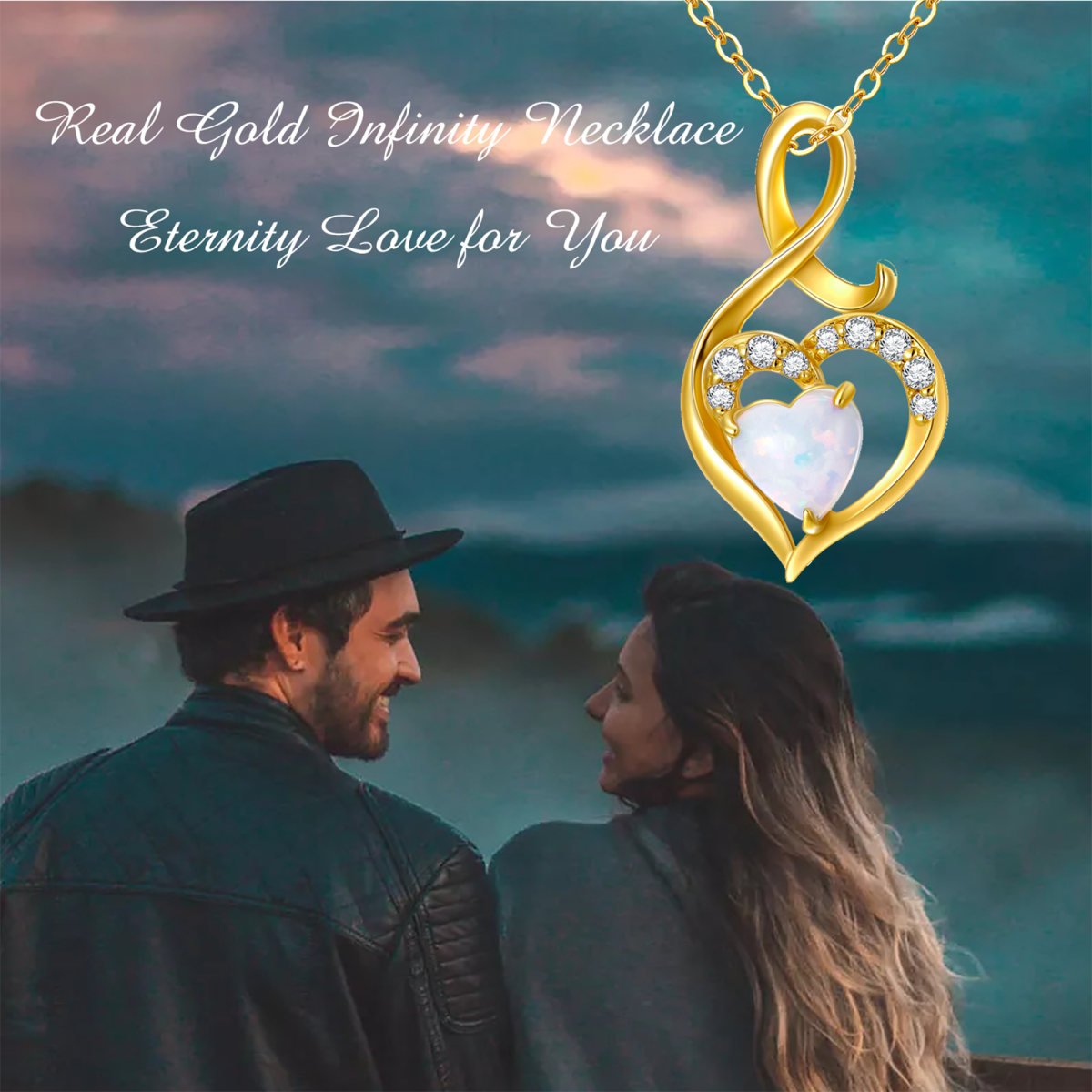 14K Gold Heart Shaped Opal Herz & Infinity Symbol Anhänger Halskette-6