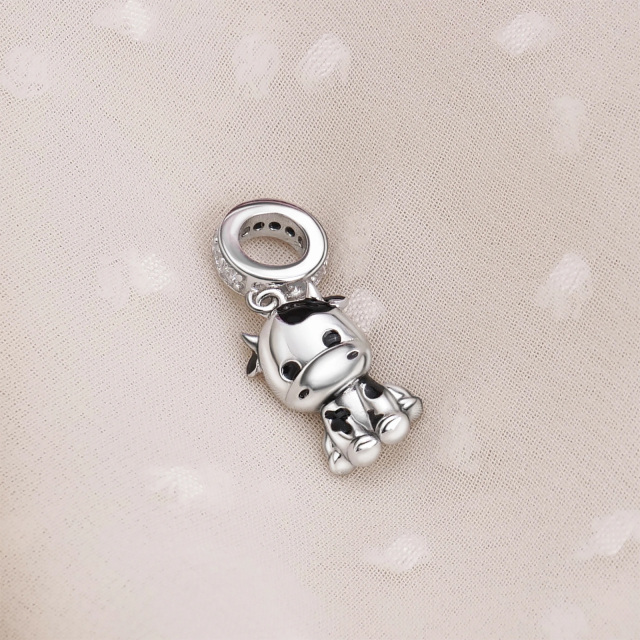 Cubic Zirconia Cow Charm in White Gold Plated Sterling Silver-2
