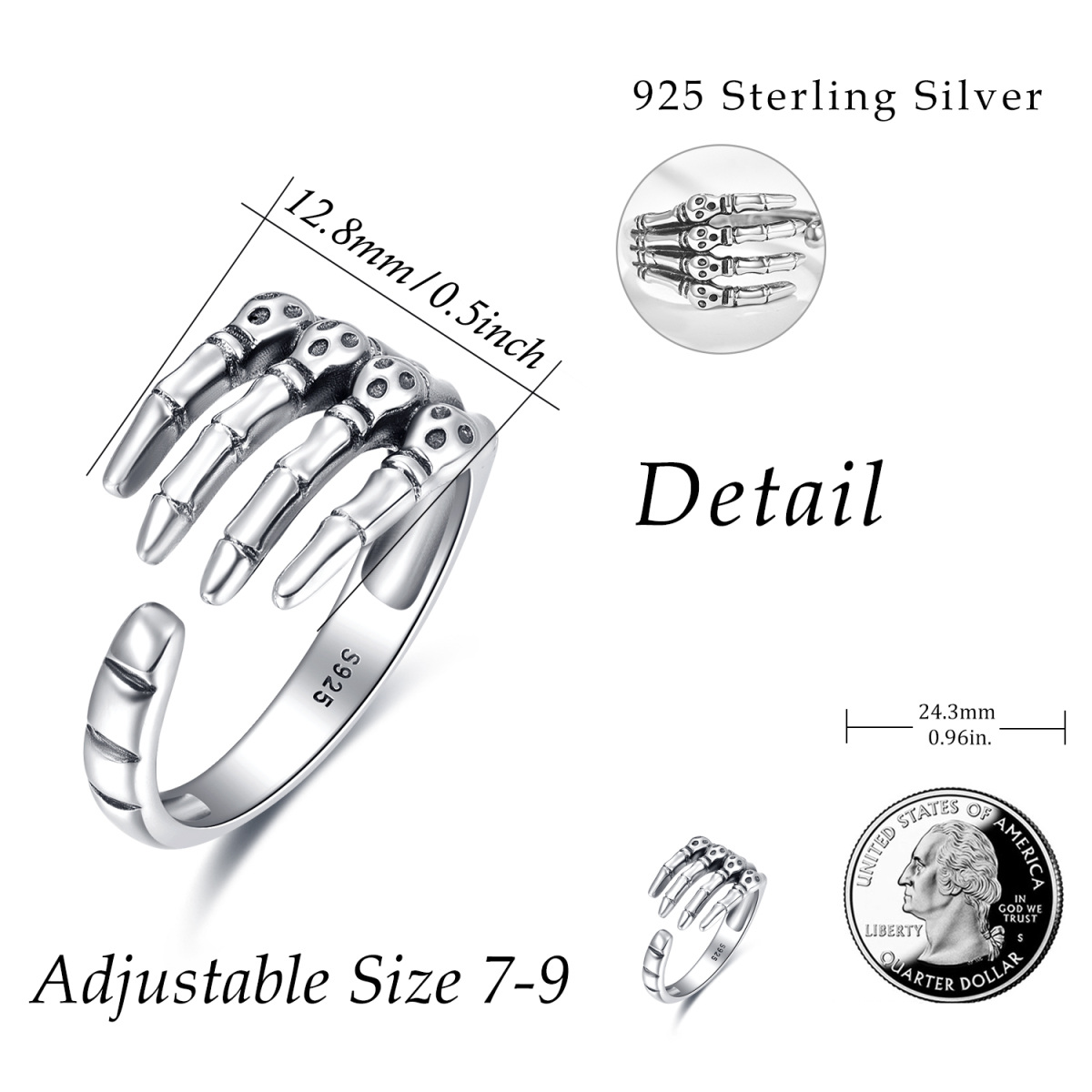 Bague ouverte squelette en argent sterling-6