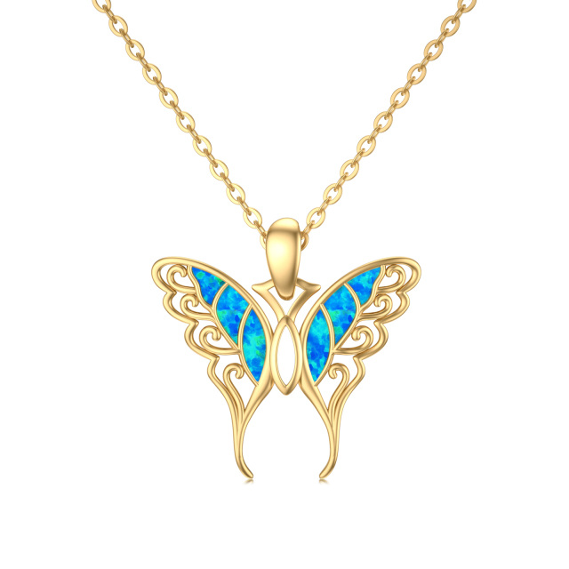 14K Gold Blue Opal Butterfly Pendant Necklace Gift for Her-0