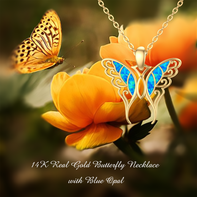 14K Gold Blue Opal Butterfly Pendant Necklace Gift for Her-4