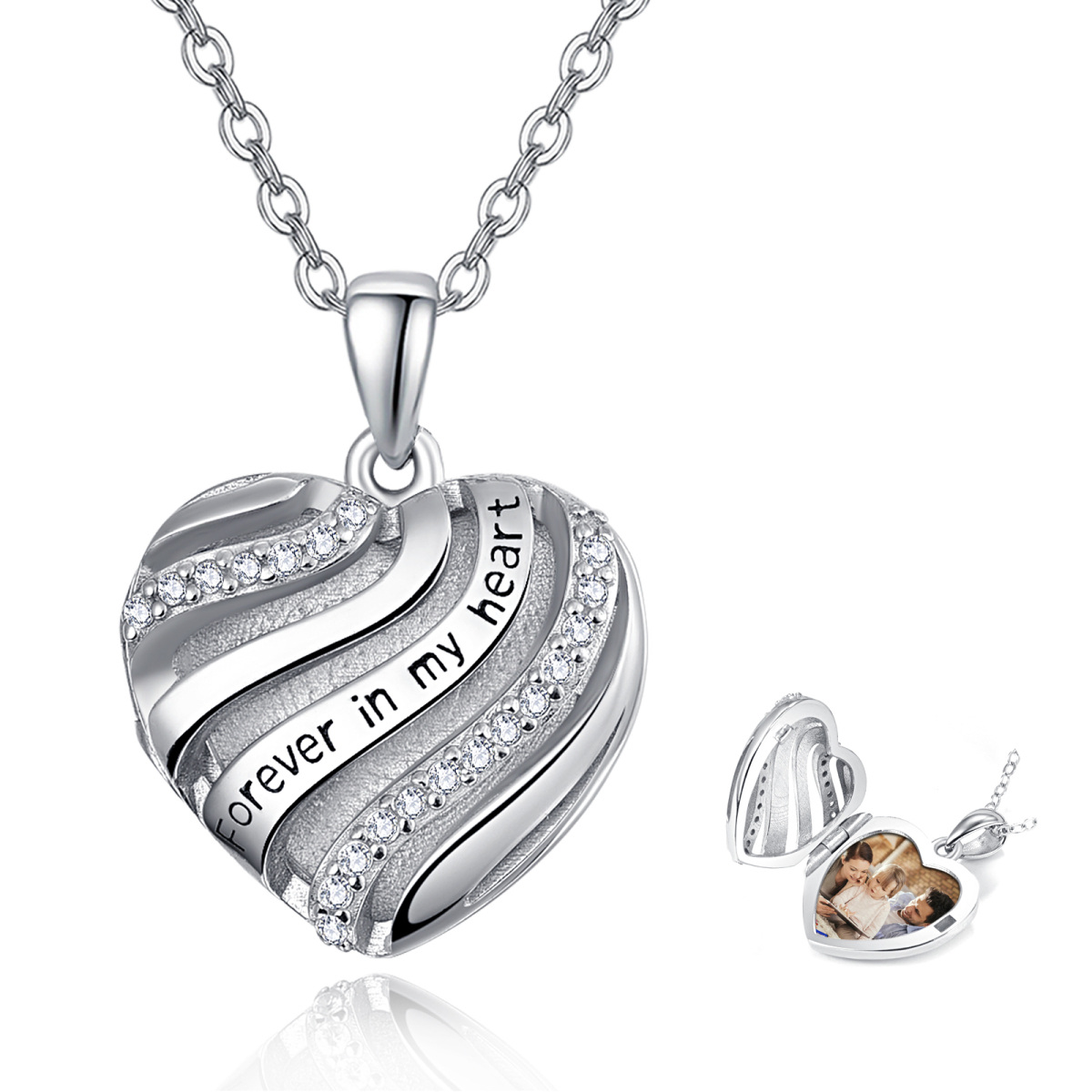 Sterling Silver Circular Shaped Cubic Zirconia Personalized Photo & Heart Personalized Photo Locket Necklace with Engraved Word-1