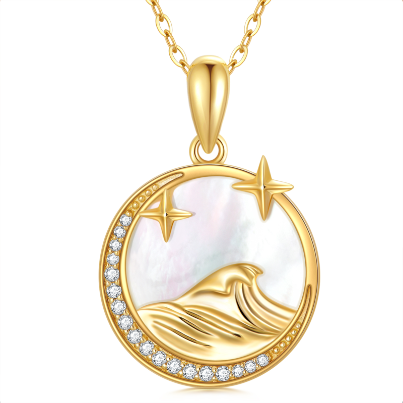 Collier en or 9K avec pendentif en forme de perle circulaire, lune et gerbe