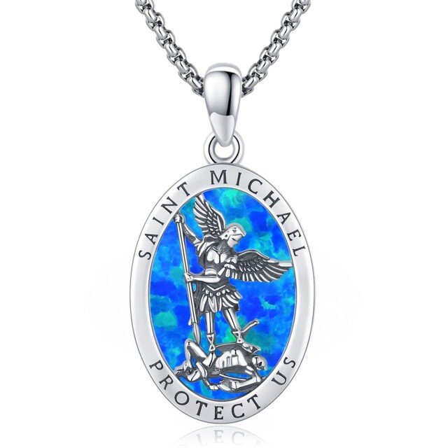 Sterling Silver Oval Opal Saint Michael Pendant Necklace for Men-1